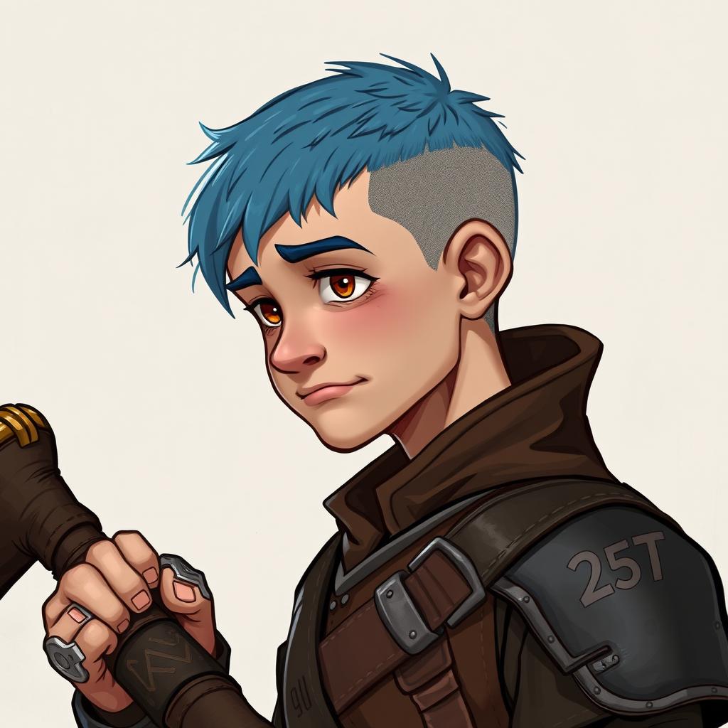 A 25-year-old human druid characterized by a weak yet humorous demeanor, featuring a buzz cut with short blue hair and warm brown eyes