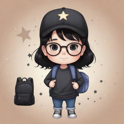 Adorable chibi-style illustration of a couple with black hair. The boy sports a cap, eyeglasses, and a backpack, while the girl carries a black sling bag adorned with stars