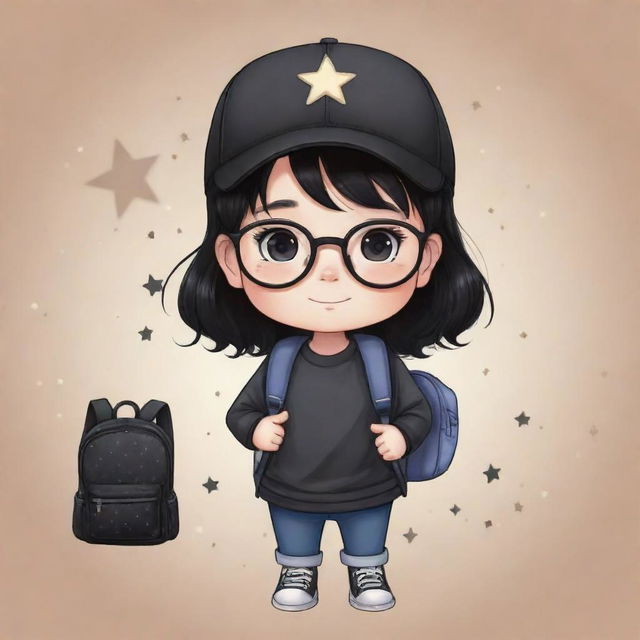 Adorable chibi-style illustration of a couple with black hair. The boy sports a cap, eyeglasses, and a backpack, while the girl carries a black sling bag adorned with stars