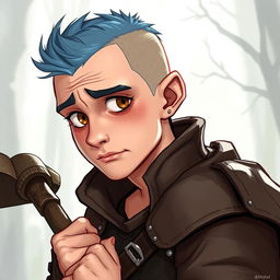 A 25-year-old human druid characterized by a weak yet humorous demeanor, featuring a buzz cut with short blue hair and warm brown eyes