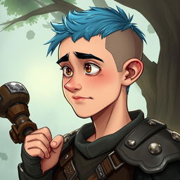 A 25-year-old human druid characterized by a weak yet humorous demeanor, featuring a buzz cut with short blue hair and warm brown eyes