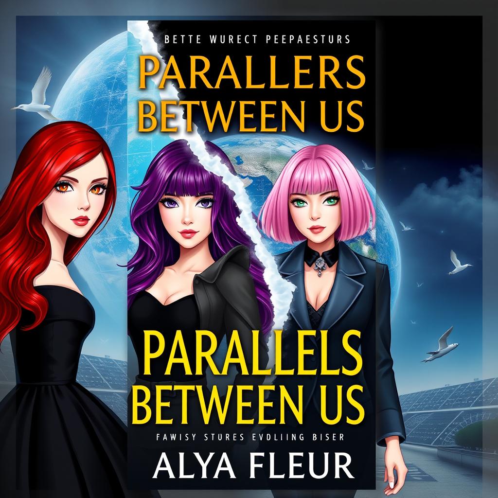 A fantasy book cover for "Parallels Between Us" by Alya Fleur, featuring three main heroines