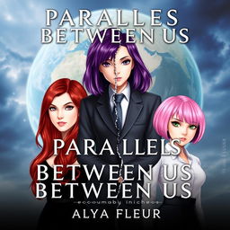 A fantasy book cover for "Parallels Between Us" by Alya Fleur, featuring three main heroines