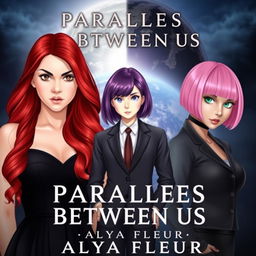 A fantasy book cover for "Parallels Between Us" by Alya Fleur, featuring three main heroines