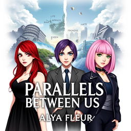 A fantasy book cover for 'Parallels Between Us' by 'Alya Fleur', visually appealing, depicting three main heroines