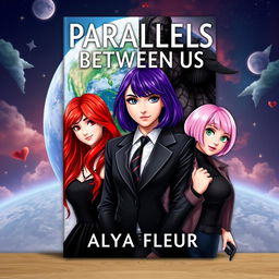 A fantasy book cover for 'Parallels Between Us' by 'Alya Fleur', visually appealing, depicting three main heroines