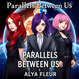 A fantasy book cover for 'Parallels Between Us' by 'Alya Fleur', visually appealing, depicting three main heroines