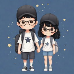 Adorable chibi-style illustration of a couple with black hair. The boy sports a cap, eyeglasses, and a backpack, while the girl carries a black sling bag adorned with stars