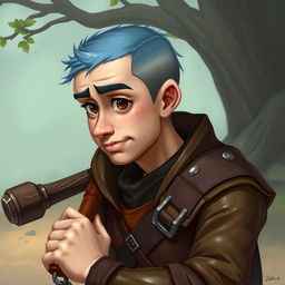 A 25-year-old human druid with a weak yet humorous presence, featuring a buzz cut with short blue hair and expressive brown eyes