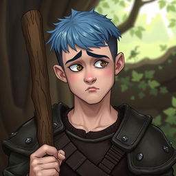 A 25-year-old human druid with a weak yet humorous presence, featuring a buzz cut with short blue hair and expressive brown eyes