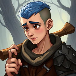 A 25-year-old human druid with a weak yet humorous presence, featuring a buzz cut with short blue hair and expressive brown eyes