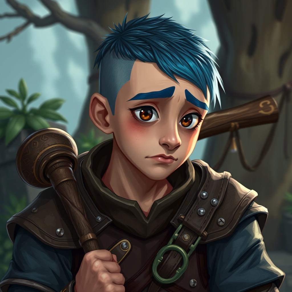 A 25-year-old human druid with a weak yet humorous presence, featuring a buzz cut with short blue hair and expressive brown eyes