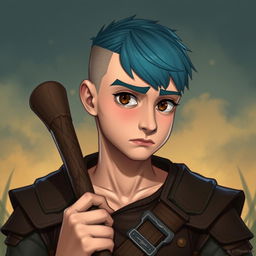 A 25-year-old human druid characterized by a weak yet humorous demeanor, featuring a buzz cut with short blue hair and small brown eyes