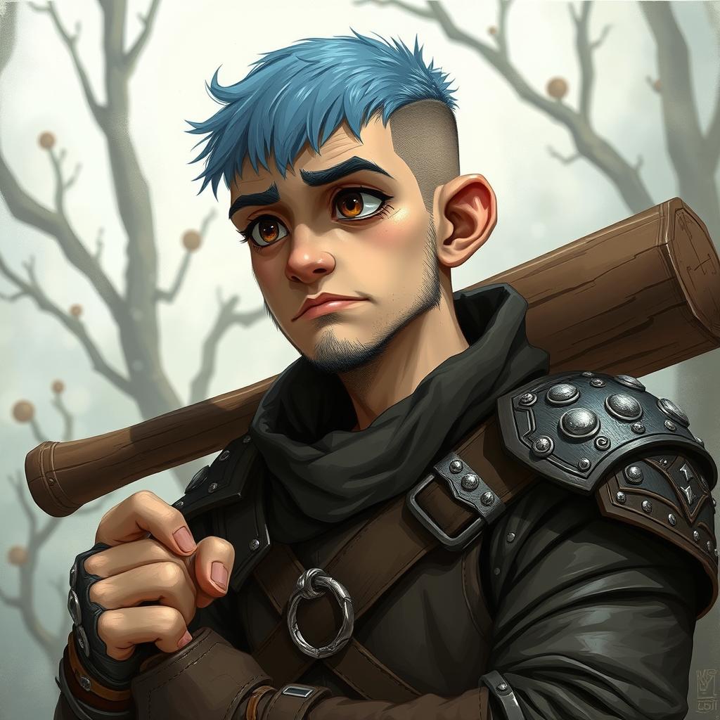 A 25-year-old human druid characterized by a weak yet humorous demeanor, featuring a buzz cut with short blue hair and small brown eyes