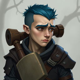 A 25-year-old human druid characterized by a weak yet humorous demeanor, featuring a buzz cut with short blue hair and small brown eyes