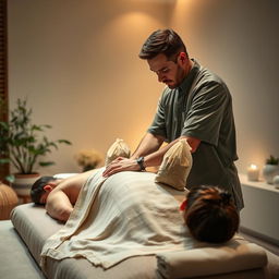 A photorealistic full-length image of a male massage therapist performing a traditional herbal bag massage on a woman