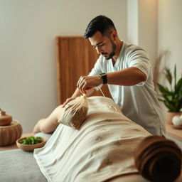 A photorealistic full-length image of a male massage therapist performing a traditional herbal bag massage on a woman