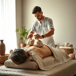 A photorealistic full-length image of a male massage therapist performing a traditional herbal bag massage on a woman