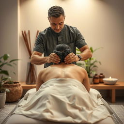 A photorealistic full-length image of a male massage therapist performing a traditional herbal bag massage on a woman