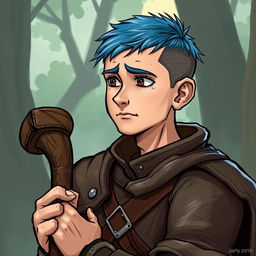 A 25-year-old human druid with a weak yet humorous demeanor, featuring a buzz cut with short blue hair and small brown eyes