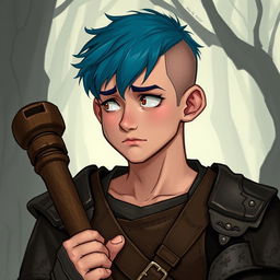 A 25-year-old human druid with a weak yet humorous demeanor, featuring a buzz cut with short blue hair and small brown eyes