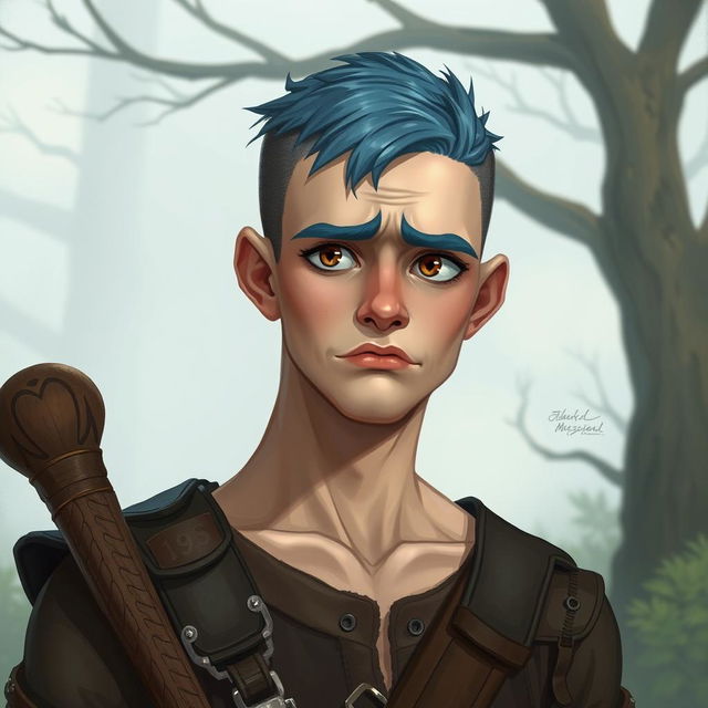 A 25-year-old human druid with a weak yet humorous demeanor, featuring a buzz cut with short blue hair and small brown eyes