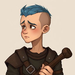 A 25-year-old human druid with a weak yet humorous demeanor, featuring a buzz cut with short blue hair and small brown eyes