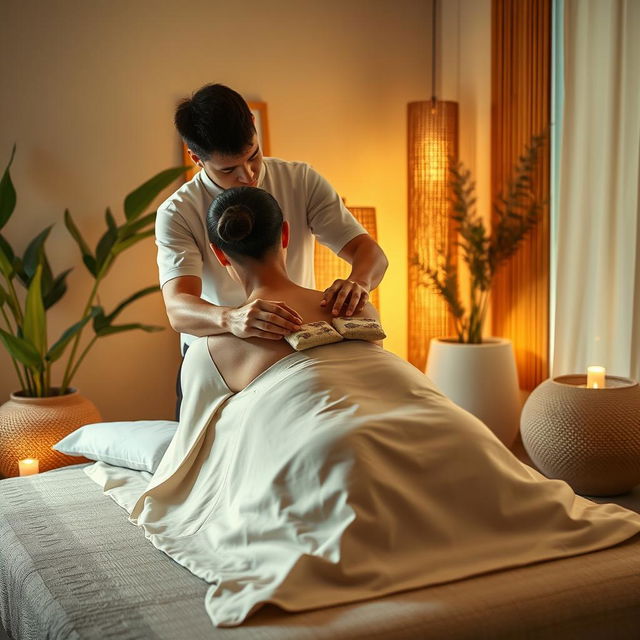 A photorealistic full-length image of a male massage therapist performing a traditional massage using small herbal bags on a woman