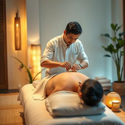 A photorealistic full-length image of a male massage therapist performing a traditional massage using small herbal bags on a woman