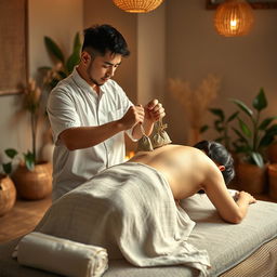 A photorealistic full-length image of a male massage therapist performing a traditional massage using small herbal bags on a woman