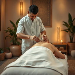 A photorealistic full-length image of a male massage therapist performing a traditional massage using small herbal bags on a woman
