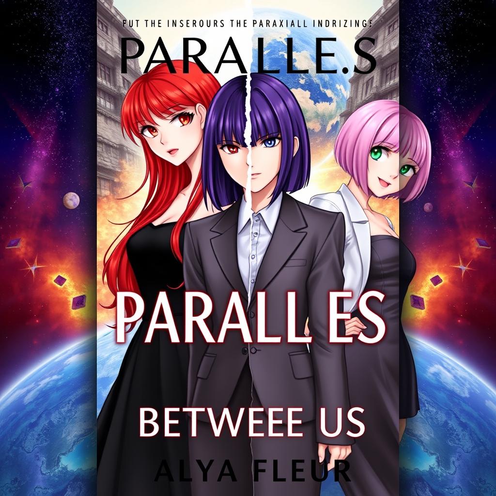 A fantasy book cover for 'Parallels Between Us' by 'Alya Fleur', visually appealing with a strong aesthetic