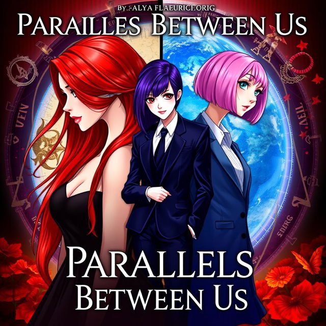 A fantasy book cover for 'Parallels Between Us' by 'Alya Fleur', visually appealing with a strong aesthetic