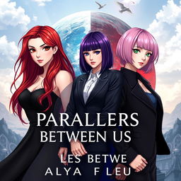 A fantasy book cover for 'Parallels Between Us' by 'Alya Fleur', visually appealing with a strong aesthetic