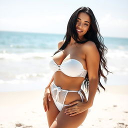 A curvy woman with long black hair, shyly posing on a sandy beach while wearing a stylish white bikini that accentuates her figure