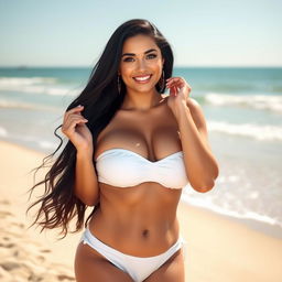 A curvy woman with long black hair, shyly posing on a sandy beach while wearing a stylish white bikini that accentuates her figure