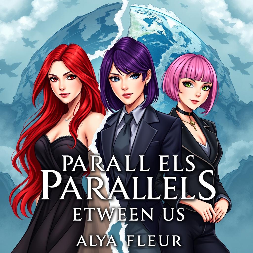 A fantasy book cover for 'Parallels Between Us' by 'Alya Fleur', aesthetically pleasing, showcasing three main heroines