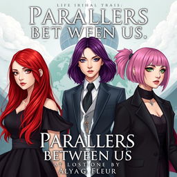 A fantasy book cover for 'Parallels Between Us' by 'Alya Fleur', aesthetically pleasing, showcasing three main heroines