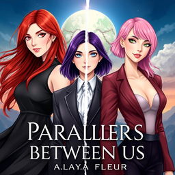 A fantasy book cover for 'Parallels Between Us' by 'Alya Fleur', aesthetically pleasing, showcasing three main heroines