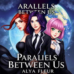 A fantasy book cover for 'Parallels Between Us' by 'Alya Fleur', aesthetically pleasing, showcasing three main heroines