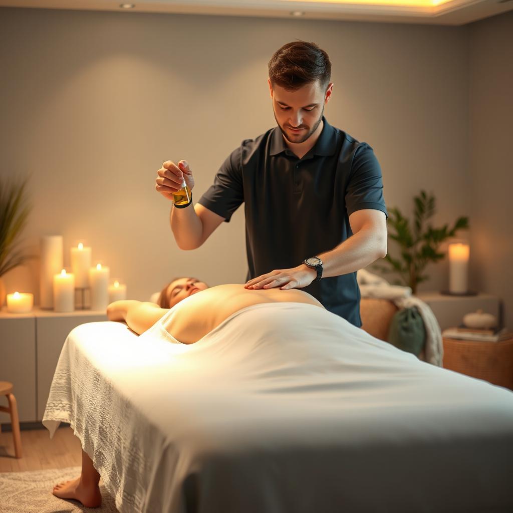 A photorealistic full-length image of a male massage therapist performing an oil massage on a woman