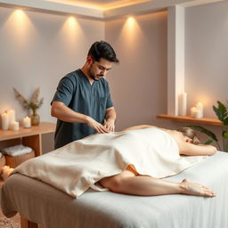 A photorealistic full-length image of a male massage therapist performing an oil massage on a woman