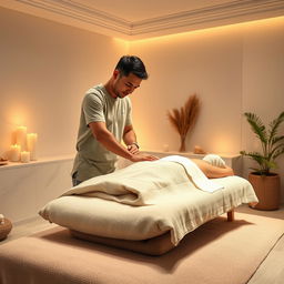 A photorealistic full-length image of a male massage therapist performing an oil massage on a woman