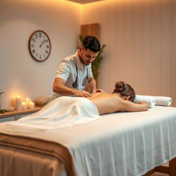 A photorealistic full-length image of a male massage therapist performing an oil massage on a woman