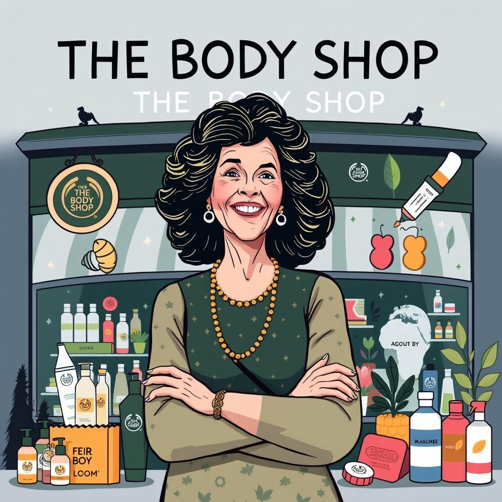 A dynamic illustration of Anita Roddick, the founder of The Body Shop, showcasing her pioneering spirit and commitment to ethical beauty