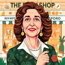 A dynamic illustration of Anita Roddick, the founder of The Body Shop, showcasing her pioneering spirit and commitment to ethical beauty