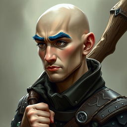 A 25-year-old human druid with a weak yet humorous character, featuring a bald shaven head and striking blue eyebrows