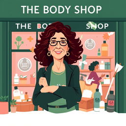 A dynamic illustration of Anita Roddick, the founder of The Body Shop, showcasing her pioneering spirit and commitment to ethical beauty