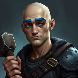 A 25-year-old human druid with a weak yet humorous character, featuring a bald shaven head and striking blue eyebrows