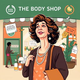 A dynamic illustration of Anita Roddick, the founder of The Body Shop, showcasing her pioneering spirit and commitment to ethical beauty